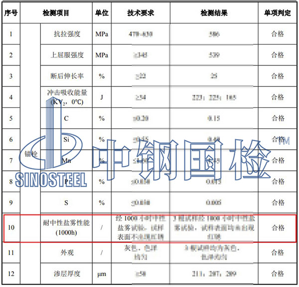 耐中性鹽霧試驗項目結果